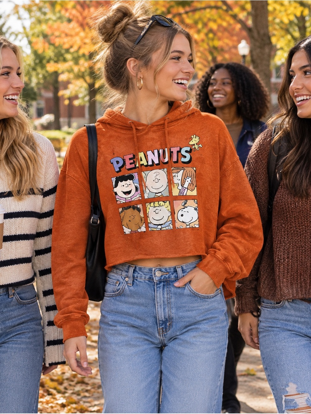 Peanuts Snoopy and The Gang Cropped Graphic Sweatshirt Hoodie Sz Medium NWT